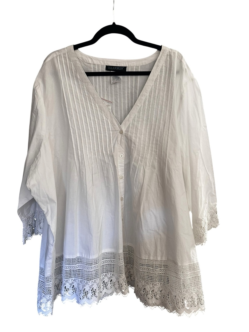 Ulla Popken White V-Neck Pintuck Button-Front Blouse with Lace Trim